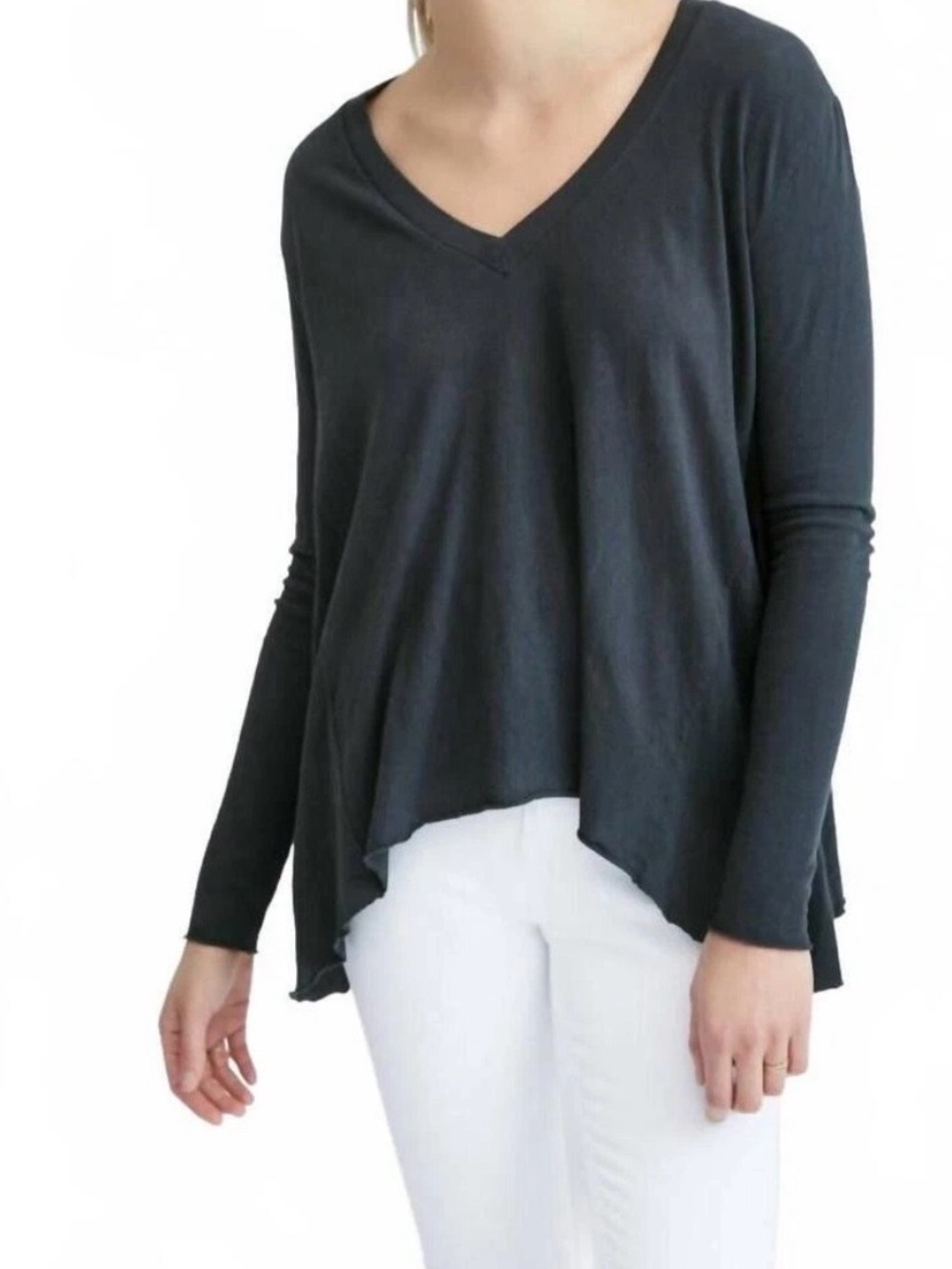 Frank & Eileen Deep V Long Sleeve Relaxed Cotton Jersey Tee Navy M